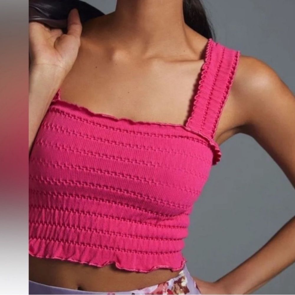 Anthropologie Hot Pink Smocked Square-Neck Crop Top Xxs/Xs